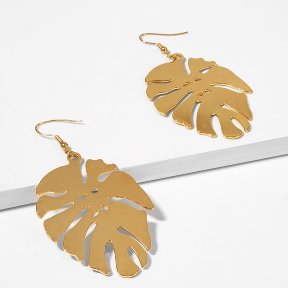 Monstera Leaf Goldtone French Wire Earrings - Picture 4 of 7